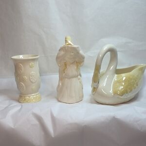 Belleek Erne Vase, Undine Water Maiden Girl Creamer, Swan Creamer